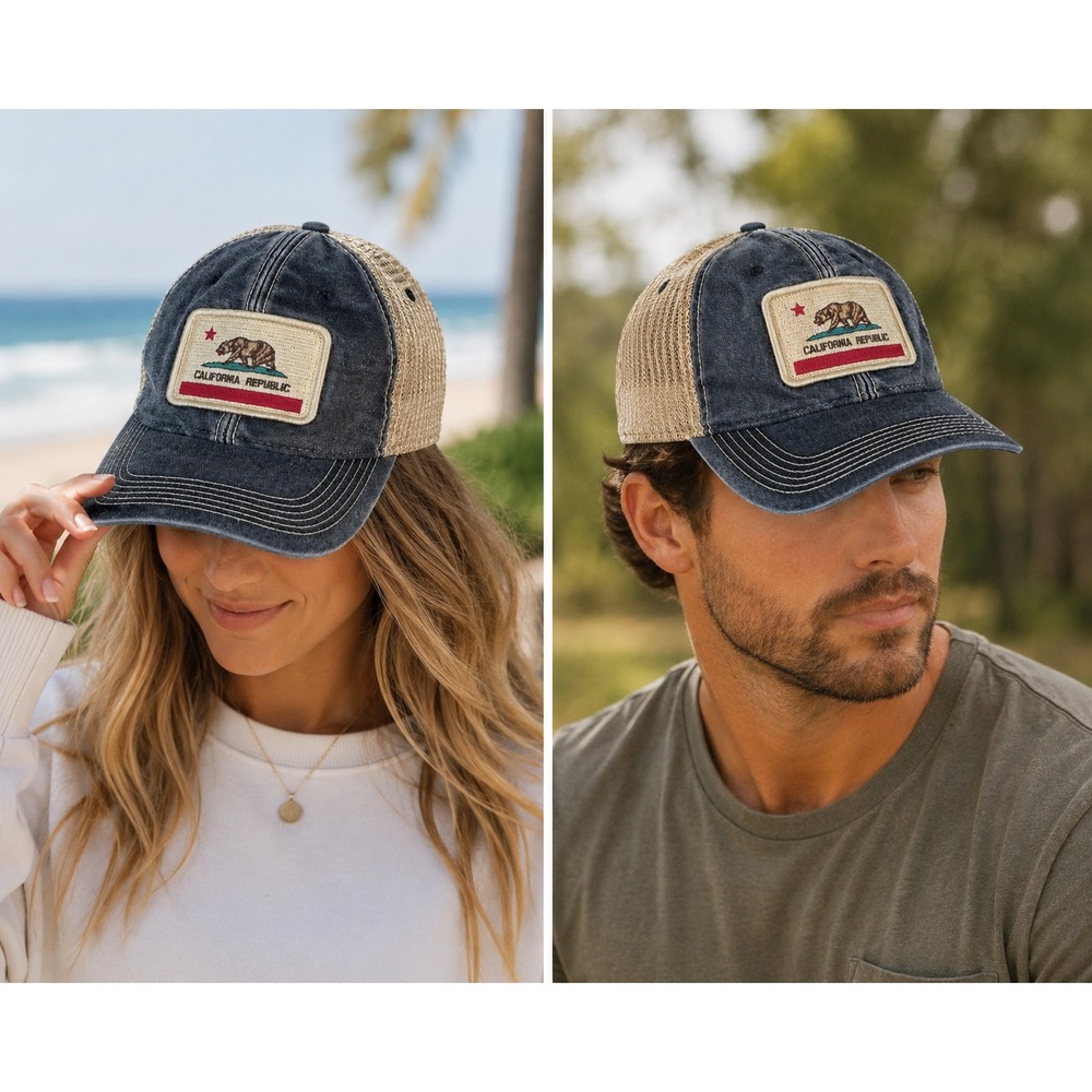 California Republic Trucker Hat Washed Navy Mesh Back Snapback Bear‎ Flag Cap